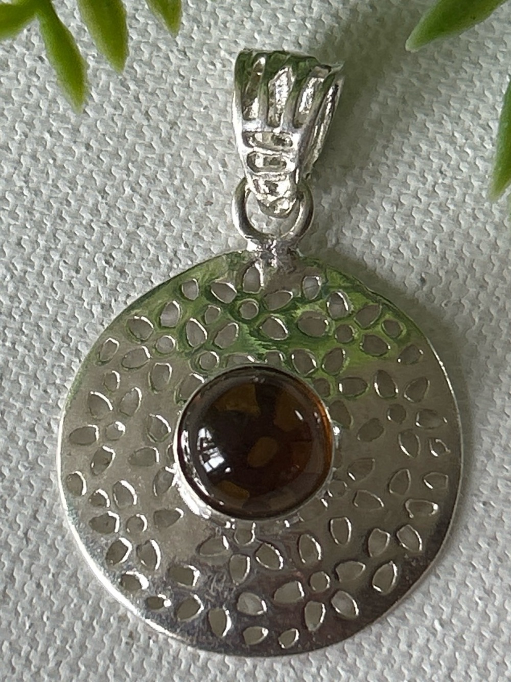 Silver Disc Pendant — Brown Stone
